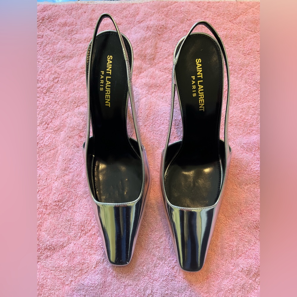Silver Platine Saint Laurent Blade Sling-backs 39
